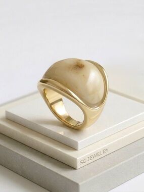 Bold Dome Ring with Cream Marbled Stone | 14K Gold Plated | Statement Jewelry